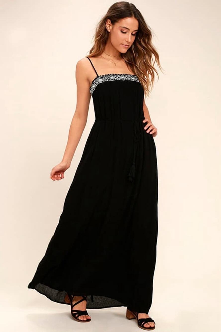 Lulus Rockaway Beach Black Embroidered Maxi Dress Size Medium Boho Vacation